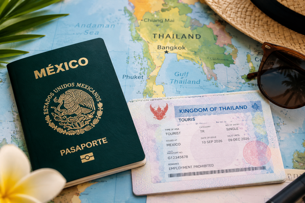 Pasaporte mexicano con requisitos de Tailandia y mapa de fondo
